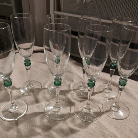 Other - Set of 8 Vintage French Crystal Flutes with green Ball Accent